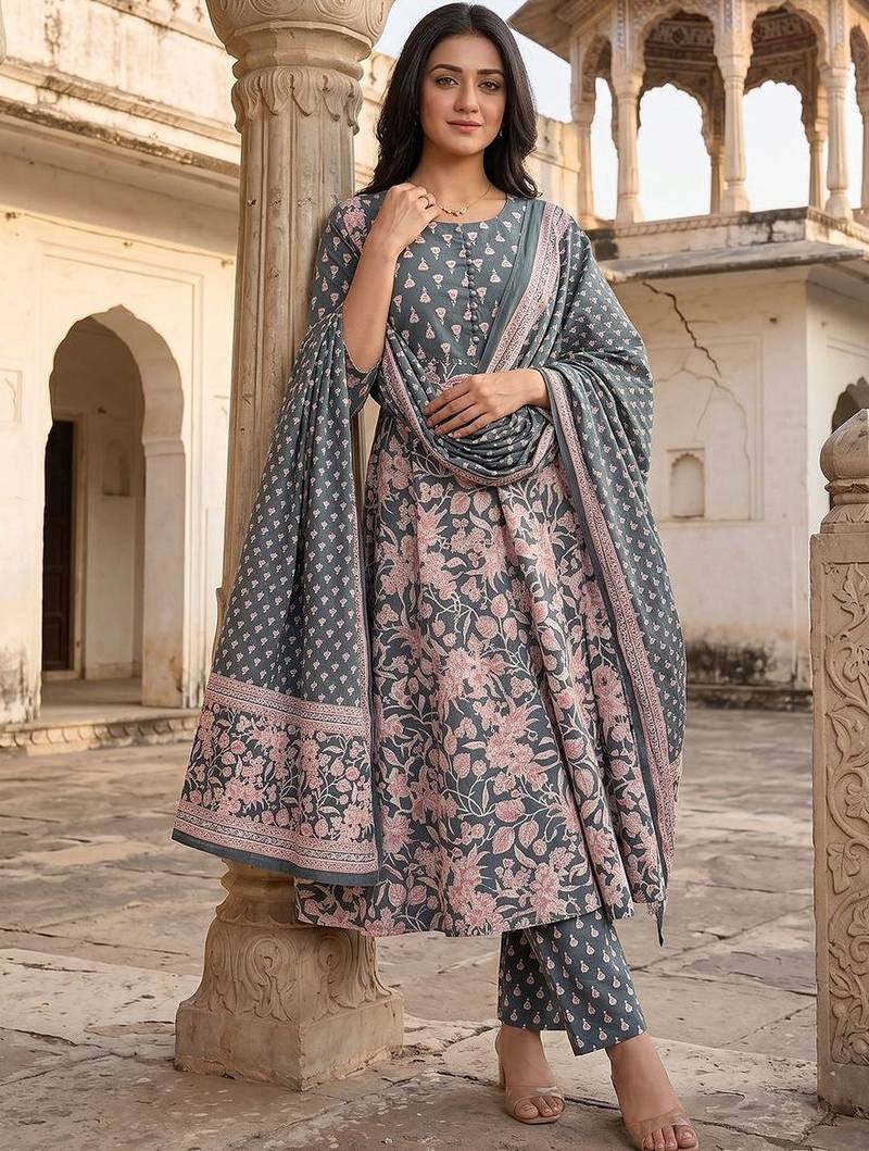 Women Floral Printed Regular Pure Cotton Kurta with Trousers & With Dupatta