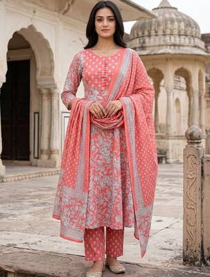 Women Floral Printed Regular Pure Cotton Kurta with Trousers & With Dupatta 1