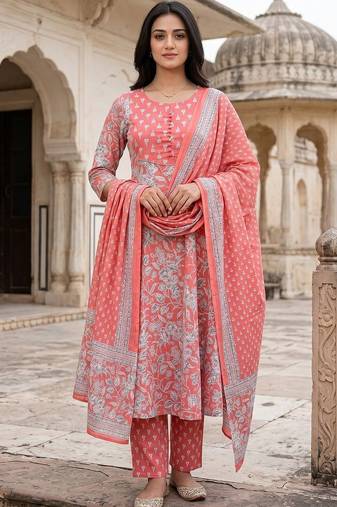 Women Floral Printed Regular Pure Cotton Kurta with Trousers & With Dupatta