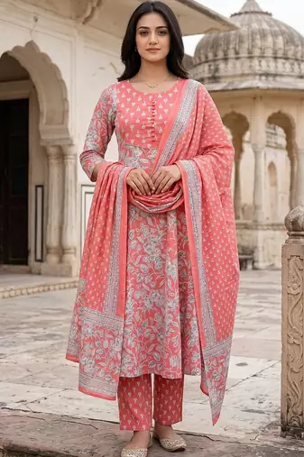 Women Floral Printed Regular Pure Cotton Kurta with Trousers & With Dupatta