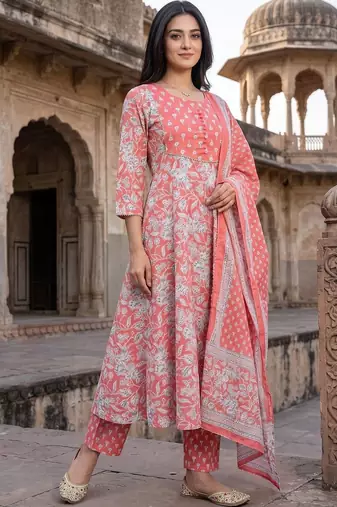 Women Floral Printed Regular Pure Cotton Kurta with Trousers & With Dupatta