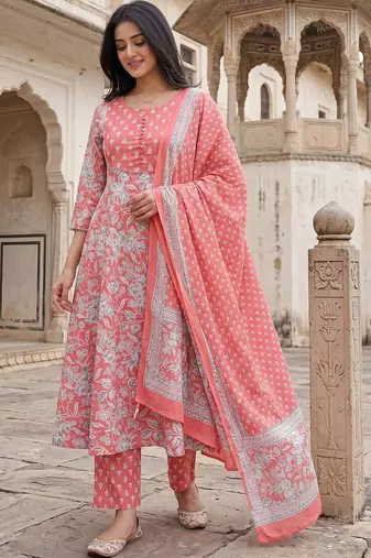 Women Floral Printed Regular Pure Cotton Kurta with Trousers & With Dupatta