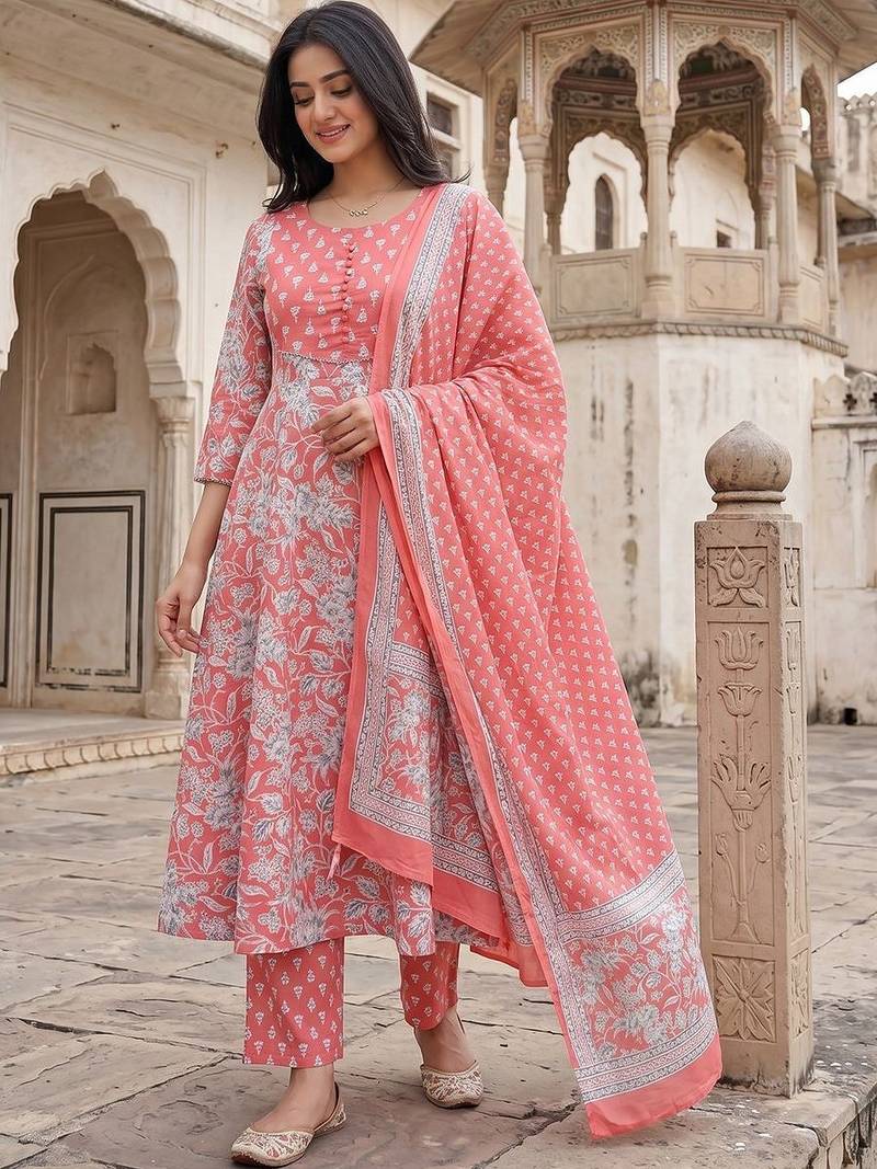 Women Floral Printed Regular Pure Cotton Kurta with Trousers & With Dupatta