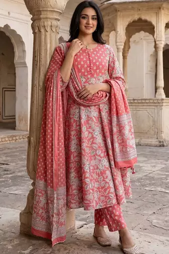 Women Floral Printed Regular Pure Cotton Kurta with Trousers & With Dupatta