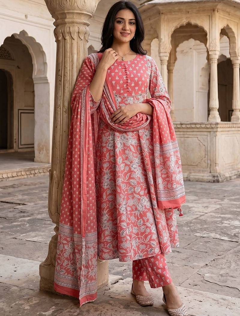 Women Floral Printed Regular Pure Cotton Kurta with Trousers & With Dupatta