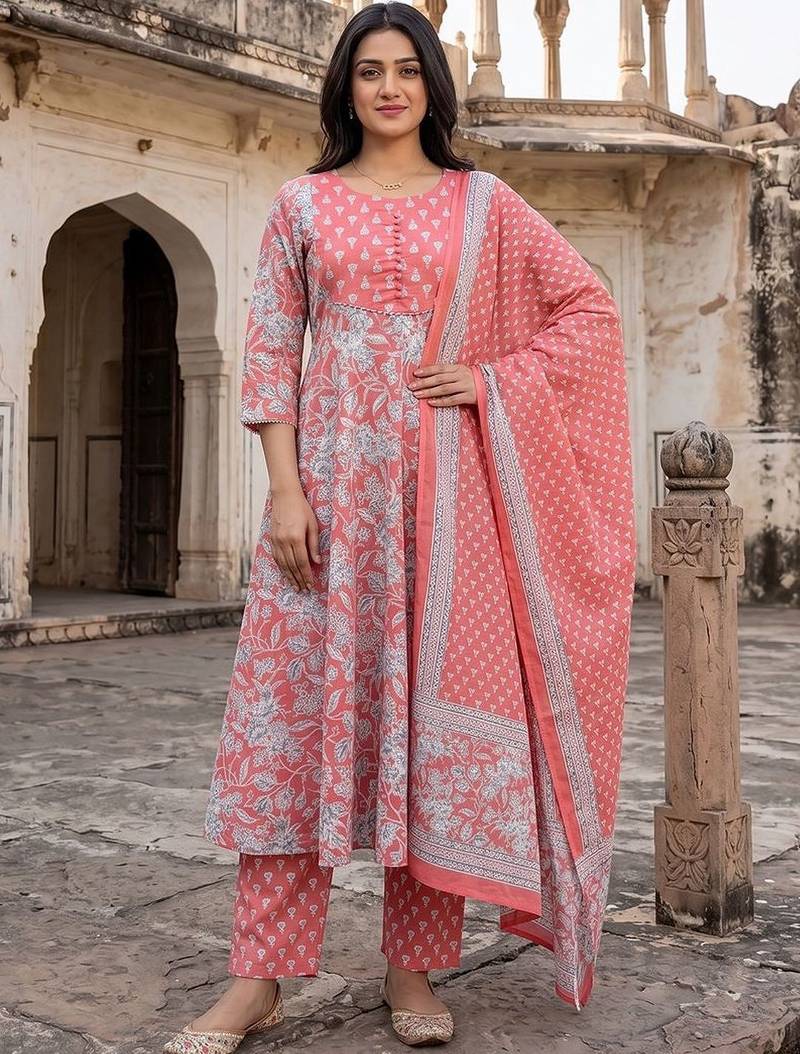 Women Floral Printed Regular Pure Cotton Kurta with Trousers & With Dupatta