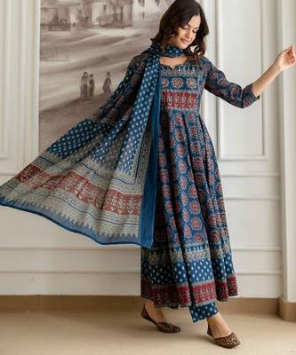 Floral Printed Sequinned Pure Cotton A-Line Kurta With Palazzos & Dupatta 1