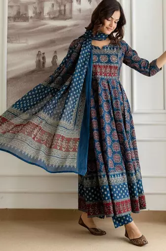 Floral Printed Sequinned Pure Cotton A-Line Kurta With Palazzos & Dupatta