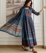 Floral Printed Sequinned Pure Cotton A-Line Kurta With Palazzos & Dupatta