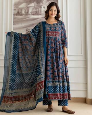 Floral Printed Sequinned Pure Cotton A-Line Kurta With Palazzos & Dupatta 2