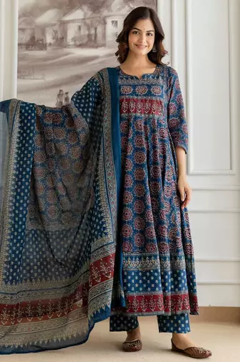 Floral Printed Sequinned Pure Cotton A-Line Kurta With Palazzos & Dupatta