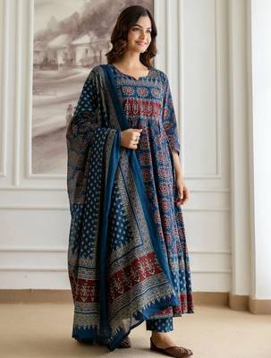 Floral Printed Sequinned Pure Cotton A-Line Kurta With Palazzos & Dupatta 4