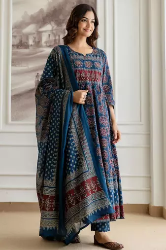 Floral Printed Sequinned Pure Cotton A-Line Kurta With Palazzos & Dupatta