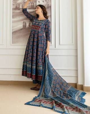 Floral Printed Sequinned Pure Cotton A-Line Kurta With Palazzos & Dupatta 5