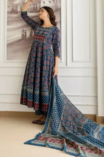 Floral Printed Sequinned Pure Cotton A-Line Kurta With Palazzos & Dupatta