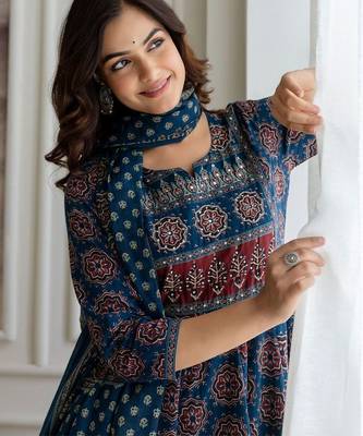 Floral Printed Sequinned Pure Cotton A-Line Kurta With Palazzos & Dupatta 7