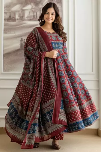 Printed Round Neck Tiered Pure Cotton Anarkali Kurta With Trousers & Dupatta