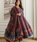 Printed Round Neck Tiered Pure Cotton Anarkali Kurta With Trousers & Dupatta