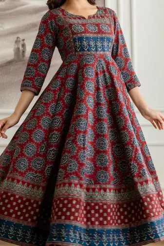 Printed Round Neck Tiered Pure Cotton Anarkali Kurta With Trousers & Dupatta