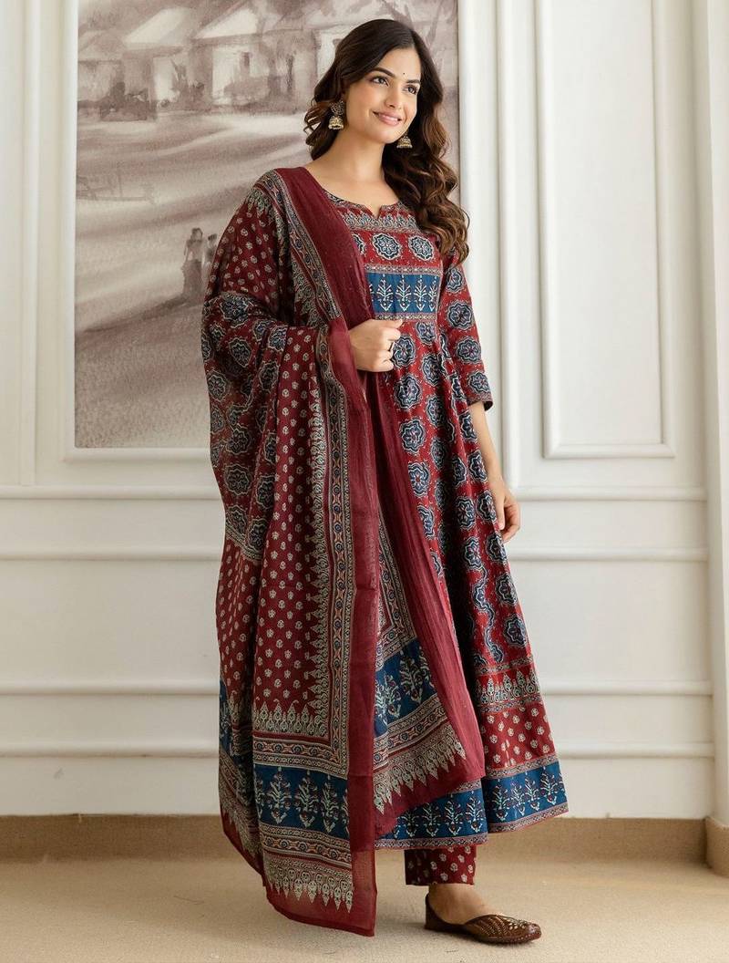 Printed Round Neck Tiered Pure Cotton Anarkali Kurta With Trousers & Dupatta
