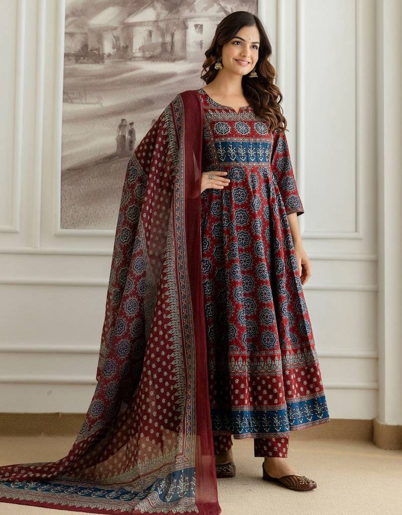 Printed Round Neck Tiered Pure Cotton Anarkali Kurta With Trousers & Dupatta