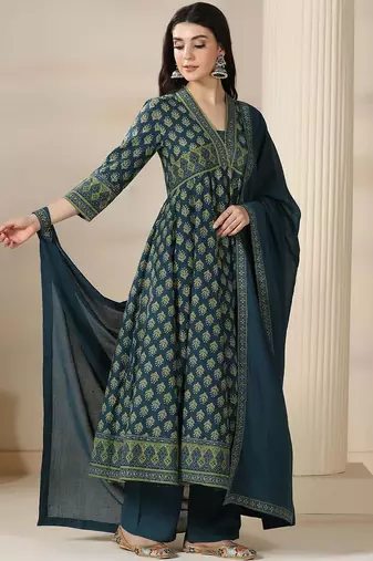 Floral Printed V-Neck Layered Pure Cotton Anarkali Kurta With Trousers & Dupatta