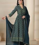 Floral Printed V-Neck Layered Pure Cotton Anarkali Kurta With Trousers & Dupatta