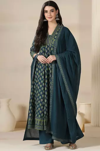 Floral Printed V-Neck Layered Pure Cotton Anarkali Kurta With Trousers & Dupatta