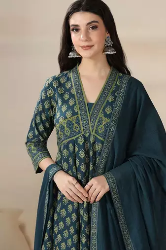 Floral Printed V-Neck Layered Pure Cotton Anarkali Kurta With Trousers & Dupatta