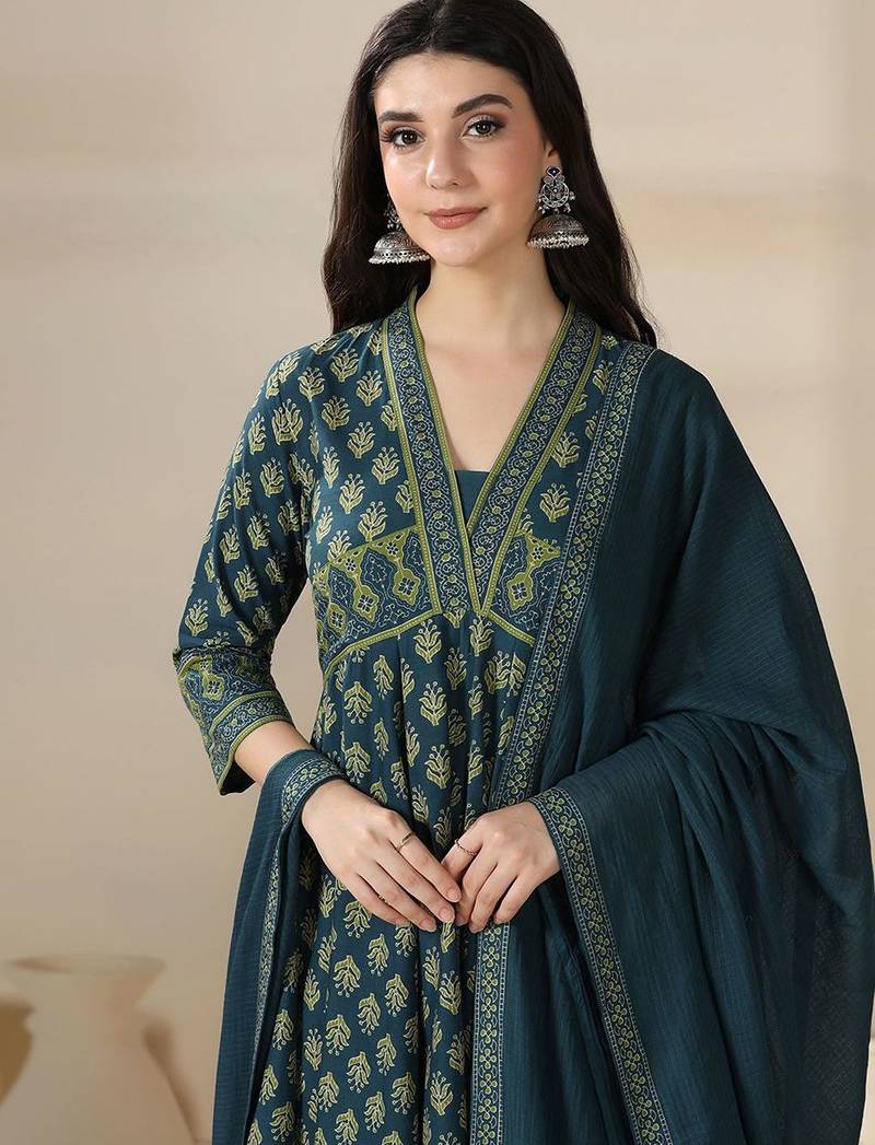 Floral Printed V-Neck Layered Pure Cotton Anarkali Kurta With Trousers & Dupatta