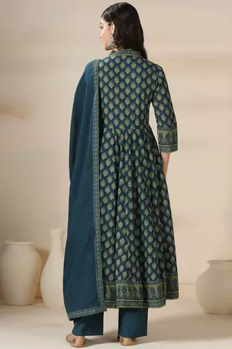 Floral Printed V-Neck Layered Pure Cotton Anarkali Kurta With Trousers & Dupatta