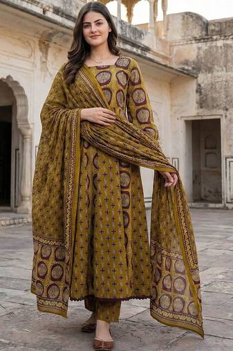 Women Ethnic Motifs Printed Regular Patchwork Pure Cotton Kurta with Trousers & With Dupatta