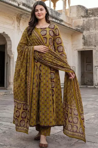 Women Ethnic Motifs Printed Regular Patchwork Pure Cotton Kurta with Trousers & With Dupatta