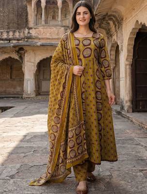 Women Ethnic Motifs Printed Regular Patchwork Pure Cotton Kurta with Trousers & With Dupatta 5