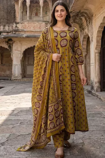 Women Ethnic Motifs Printed Regular Patchwork Pure Cotton Kurta with Trousers & With Dupatta