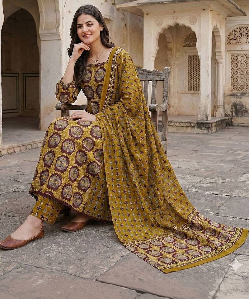 Women Ethnic Motifs Printed Regular Patchwork Pure Cotton Kurta with Trousers & With Dupatta