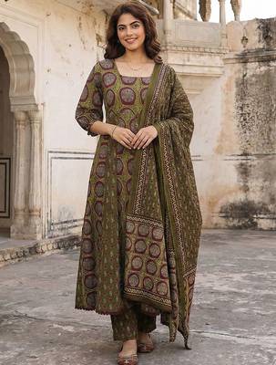 Women Ethnic Motifs Printed Regular Pure Cotton Kurta with Trousers & With Dupatta 1