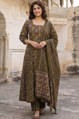 Women Ethnic Motifs Printed Regular Pure Cotton Kurta with Trousers & With Dupatta