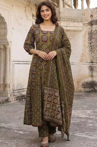 Women Ethnic Motifs Printed Regular Pure Cotton Kurta with Trousers & With Dupatta