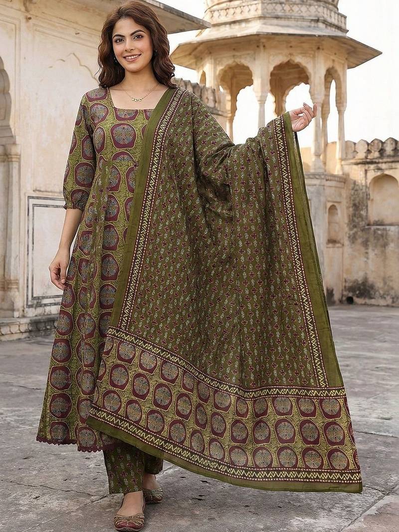 Women Ethnic Motifs Printed Regular Pure Cotton Kurta with Trousers & With Dupatta