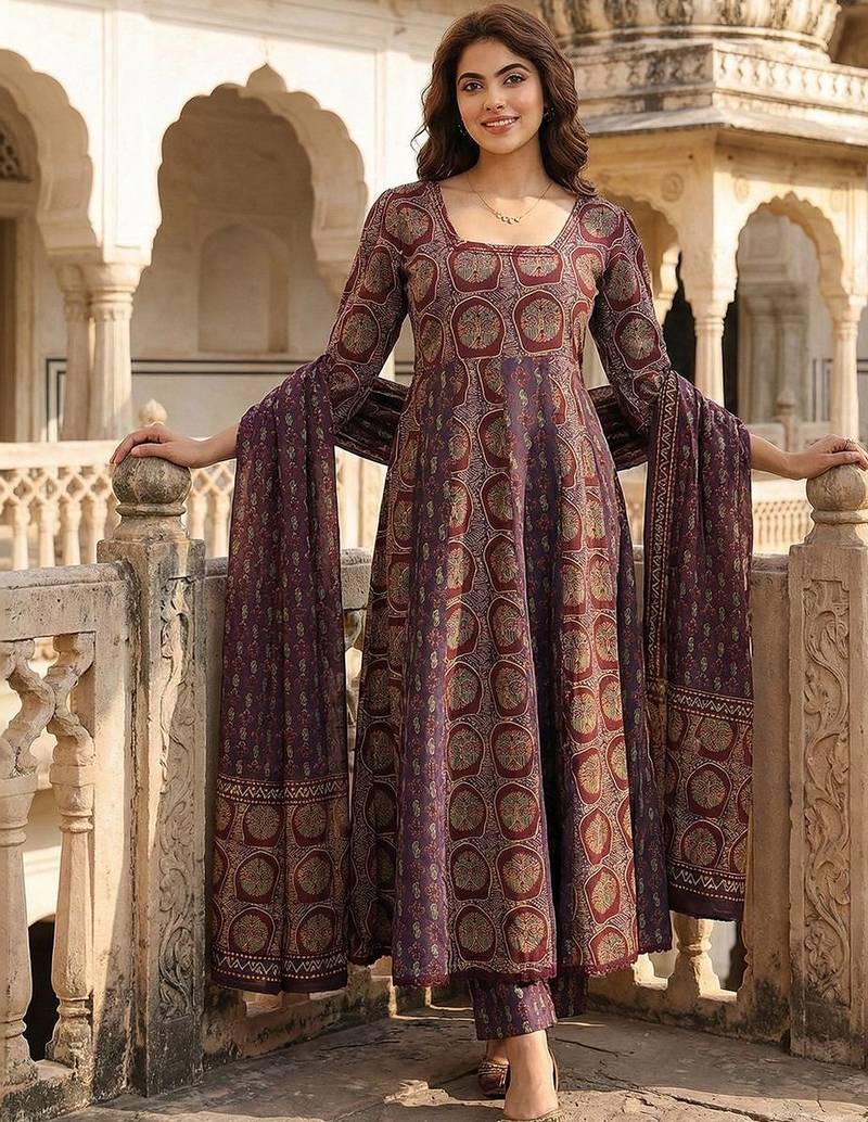 Women Ethnic Motifs Printed Regular Pure Cotton Kurta with Trousers & With Dupatta