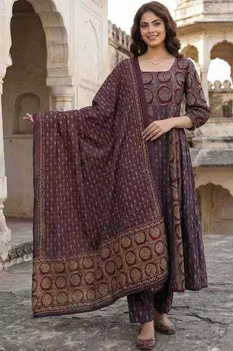 Women Ethnic Motifs Printed Regular Pure Cotton Kurta with Trousers & With Dupatta