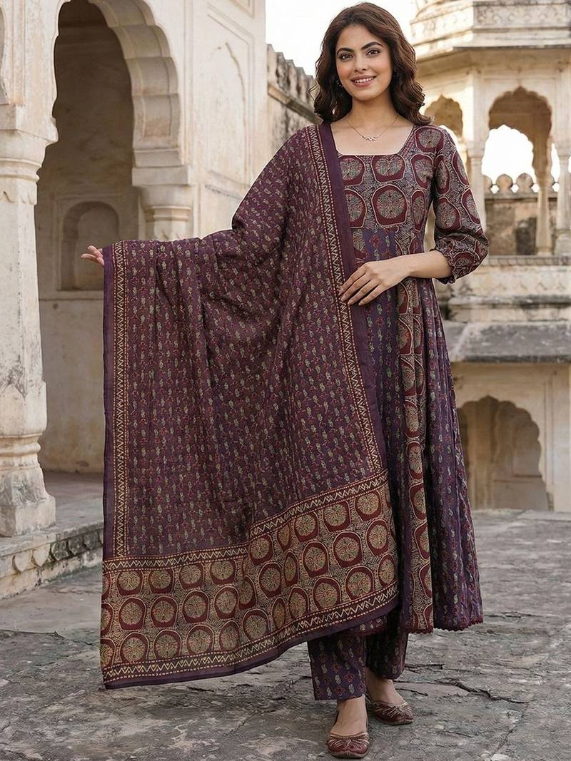 Women Ethnic Motifs Printed Regular Pure Cotton Kurta with Trousers & With Dupatta