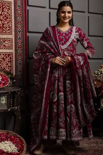Floral Flared Printed Kurta Palazzo Set With Dupatta