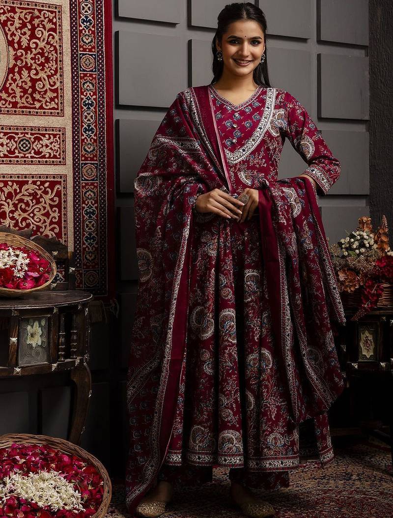 Floral Flared Printed Kurta Palazzo Set With Dupatta