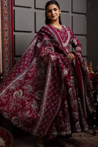 Floral Flared Printed Kurta Palazzo Set With Dupatta