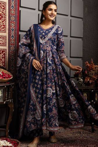 Ethnic Motifs Flared Printed Kurta Palazzo Set With Dupatta