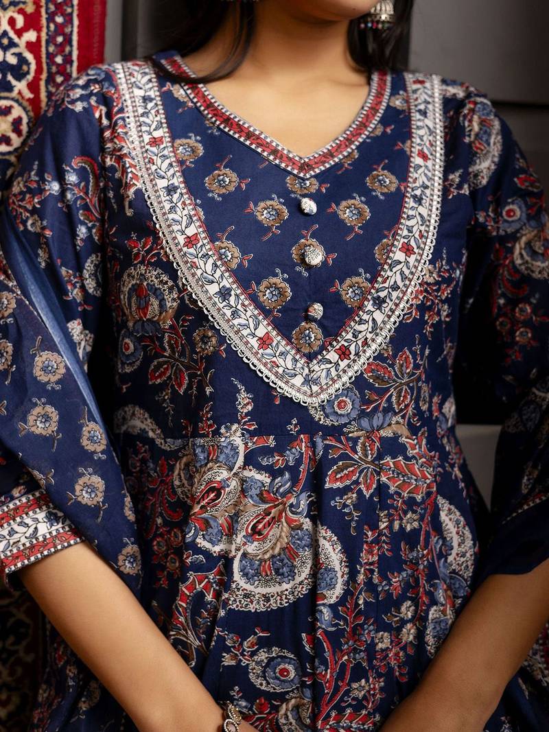 Ethnic Motifs Flared Printed Kurta Palazzo Set With Dupatta