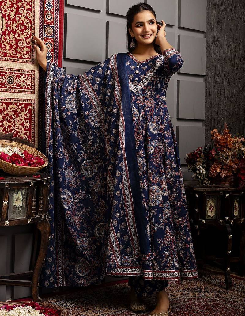 Ethnic Motifs Flared Printed Kurta Palazzo Set With Dupatta
