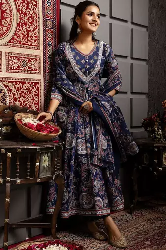 Ethnic Motifs Flared Printed Kurta Palazzo Set With Dupatta